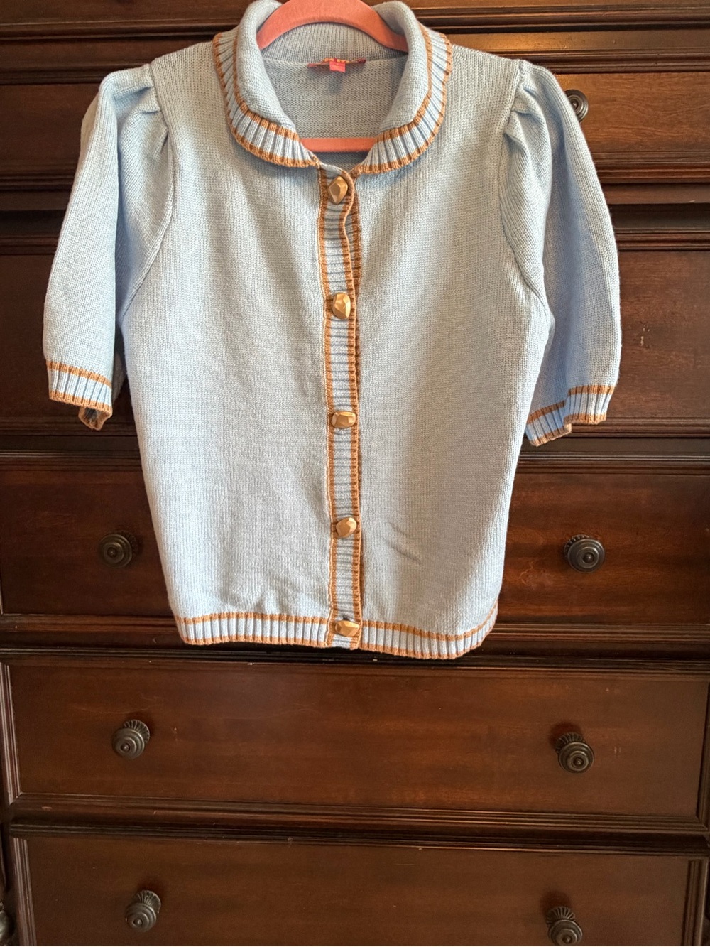 THML Women’s Light Blue Cardigan with Tan Trim - Classic Knit Top